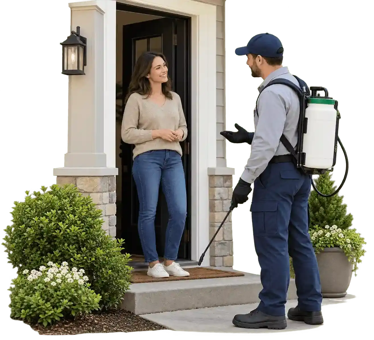 Homeowner connecting with an independent pest-control professional in a residential neighborhood