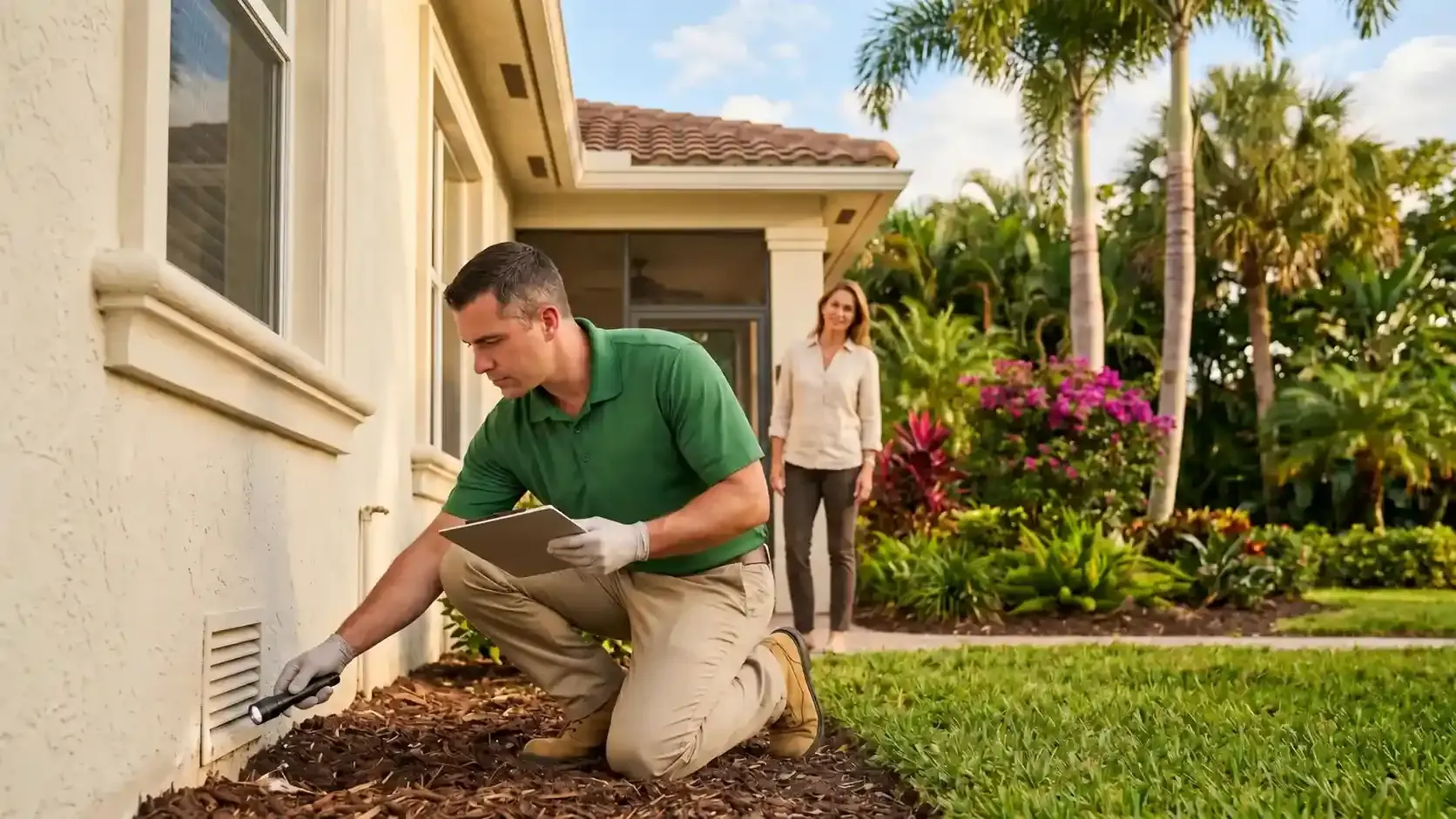 Pest-control professional inspecting a residential property